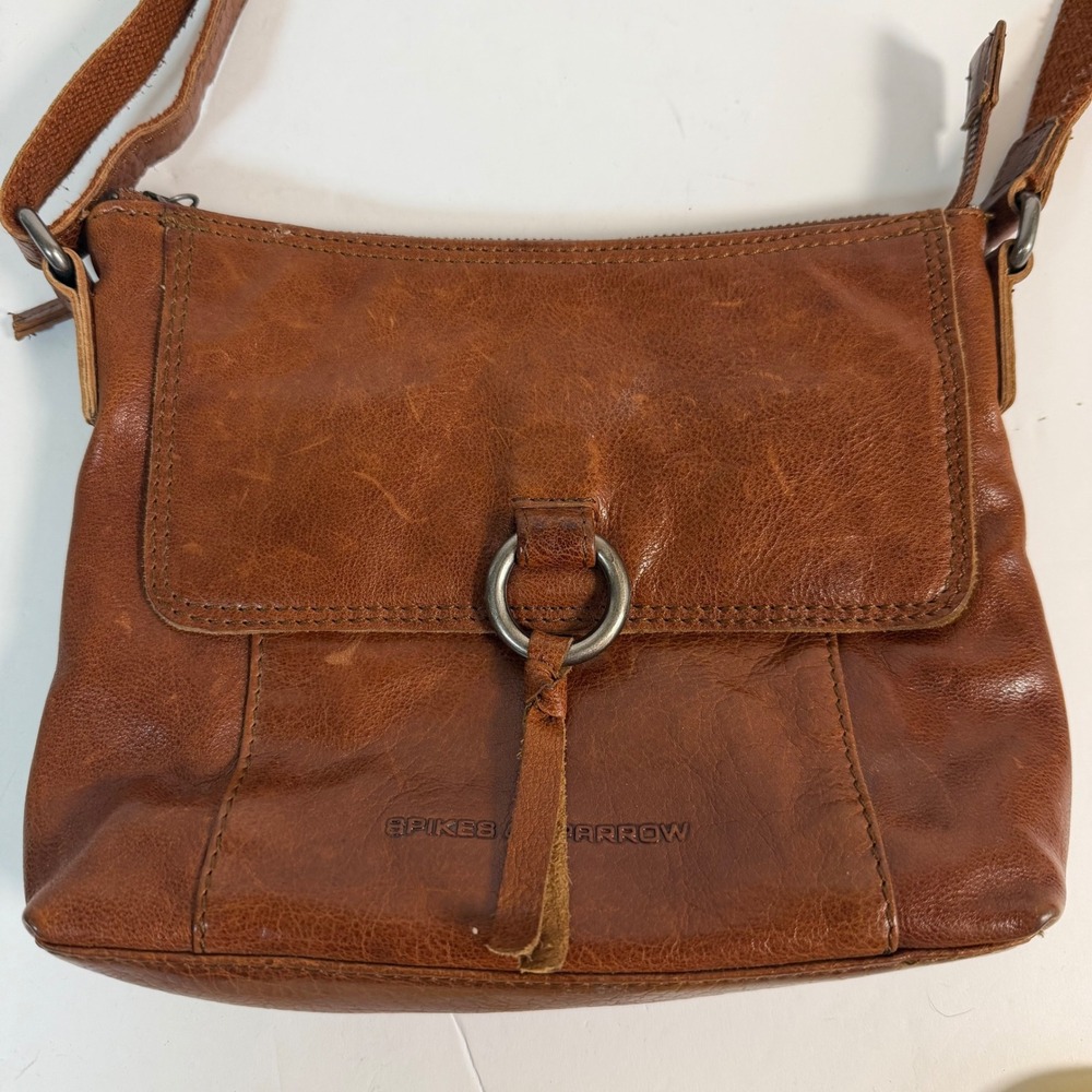 Spikes & Sparrow Leather Crossbody Bag Brown Distressed Flap Ring‎ Detail Small